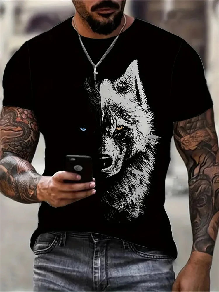 Men's 3D Wolf Print T-Shirt Casual Round Neck Short Sleeve Shirt Breathable and Comfortable Fabric Men's Street Outdoor Clothing