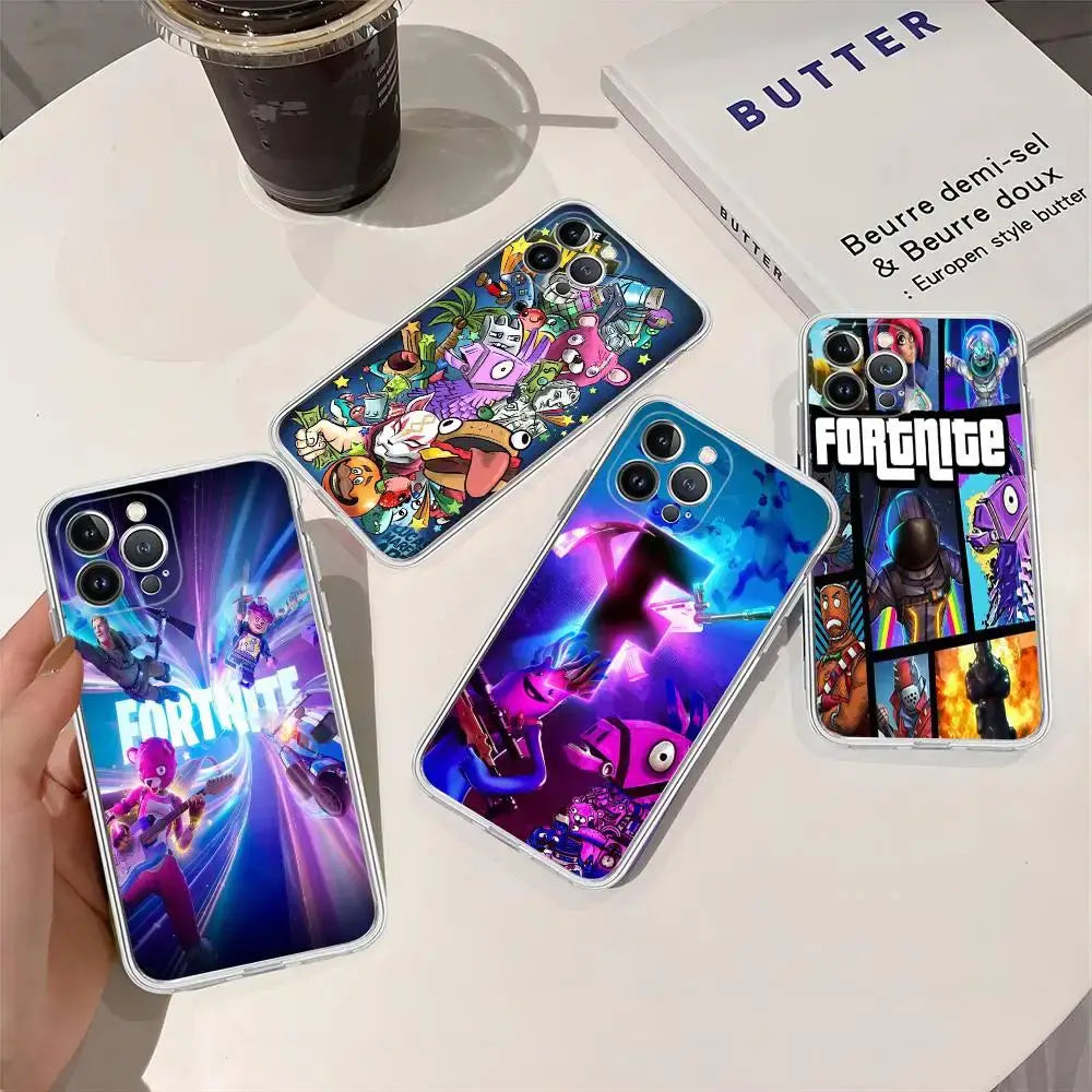 Cartoon B-Battle-R-Royale-F-FortniteS for iPhone 17 16 15 14 13 12 11 Pro Max Plus Transparent Soft TPU Phone Cover