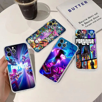Cartoon B-Battle-R-Royale-F-FortniteS for iPhone 17 16 15 14 13 12 11 Pro Max Plus Transparent Soft TPU Phone Cover