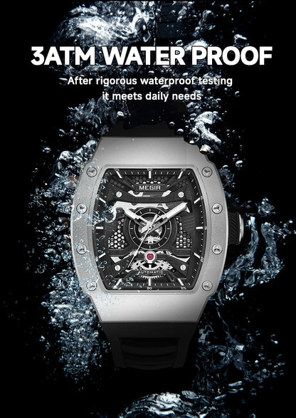 MEGIR Men's Automatic Mechanical Watch with Stainless Steel Case Silicone Strap Fashion Waterproof Luminous Wristwatch 8604