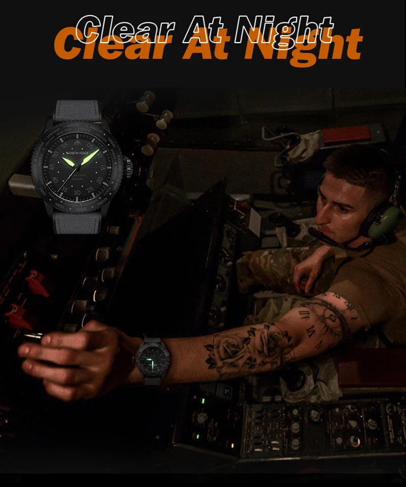 NORTH EDGE 2024 MACH Solar Power Quartz watch Men Waterproof 50M Men's Pilot Sports Wristwatches Luminous Enviormentally Clock