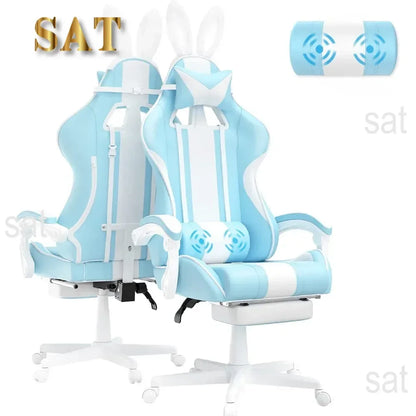 #For Kawaii Light Blue Gaming Chair with Bunny Ears, Ergonomic Cute Gamer Chair with Footrest and Massage, Racing Reclining&