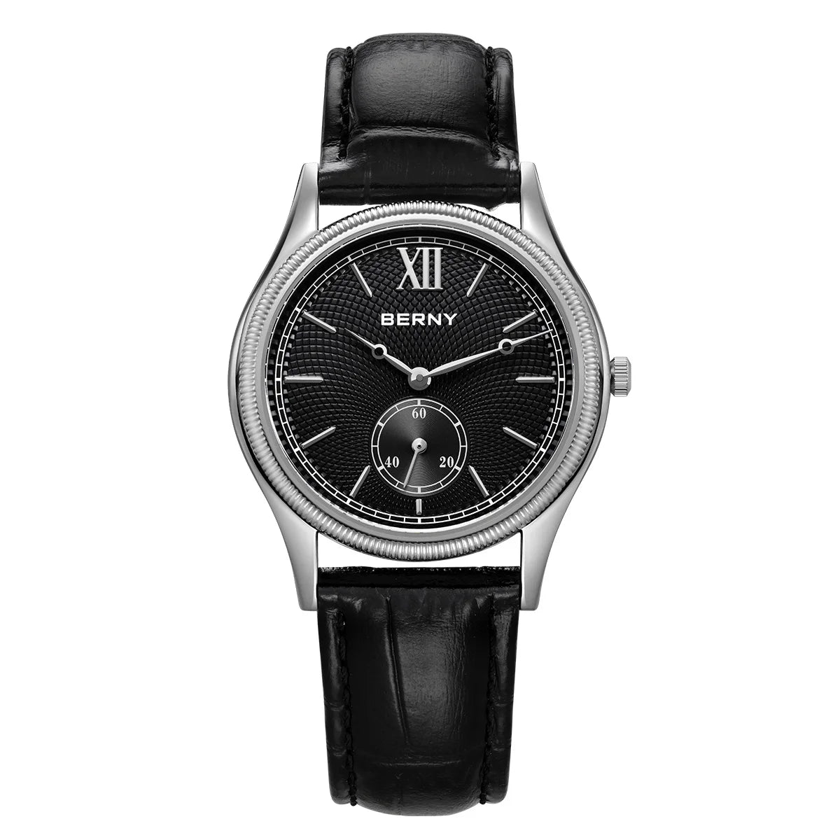 BERNY Watches for Men Luxury Slim Classic Stylish Dress Quartz Watch Stainless Steel Case Elegance Leather Band Wristwatch