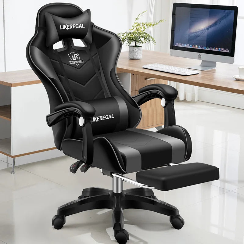 Ergonomic Gaming Chair with Footrest, Reclining Office Computer Chair, Adjustable Height Leather Gaming Chair with Lumbar Support