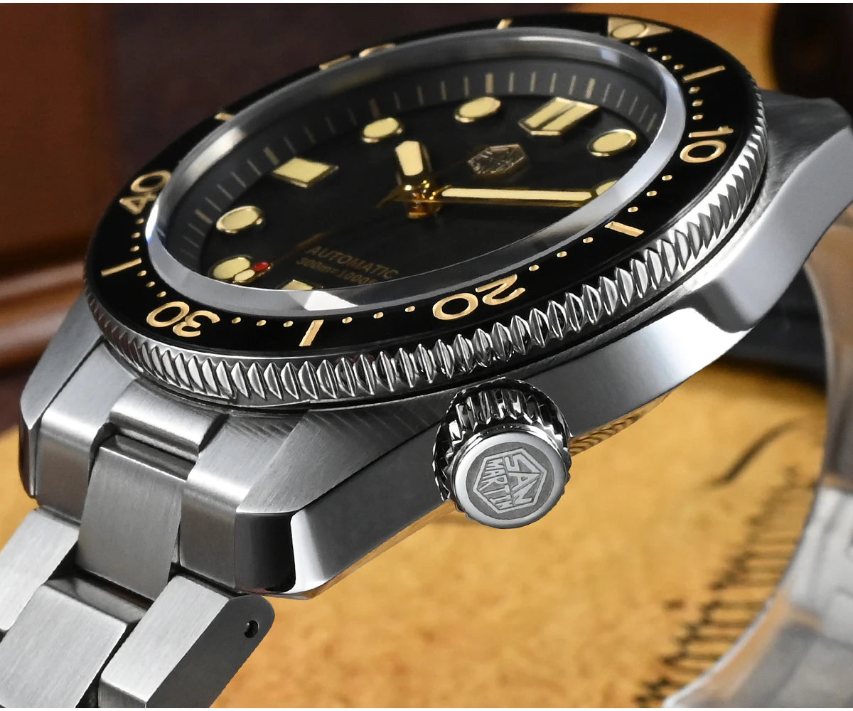 San Martin 44mm Men's Diver Watch Vintage MM300 Gilt Dial Sport NH35 Automatic Mechanical Sapphire Waterproof 300M C3 Lume SN0087