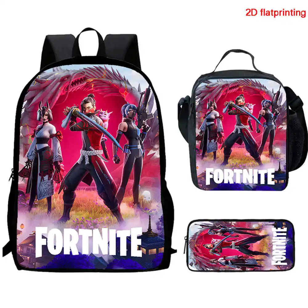 Fortnite Cartoon 3pcs Set, Large Capacity Suitable for Boys and Girls Aged 5-8, Includes Backpack, Dinner Bag, and Pencil Case