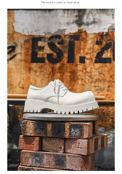 Thick Sole Casual Genuine Leather Dress Shoes Men Platform Heighten Japan Harajuku Korean Streetwear Fashion Shoes White