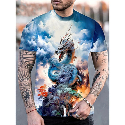 Dragon Phoenix -kuvioinen miesten T-paita, eläinaiheinen 3D-painettu T-paita, kesäinen rento lyhythihainen O-kaulainen oversize-katupaita