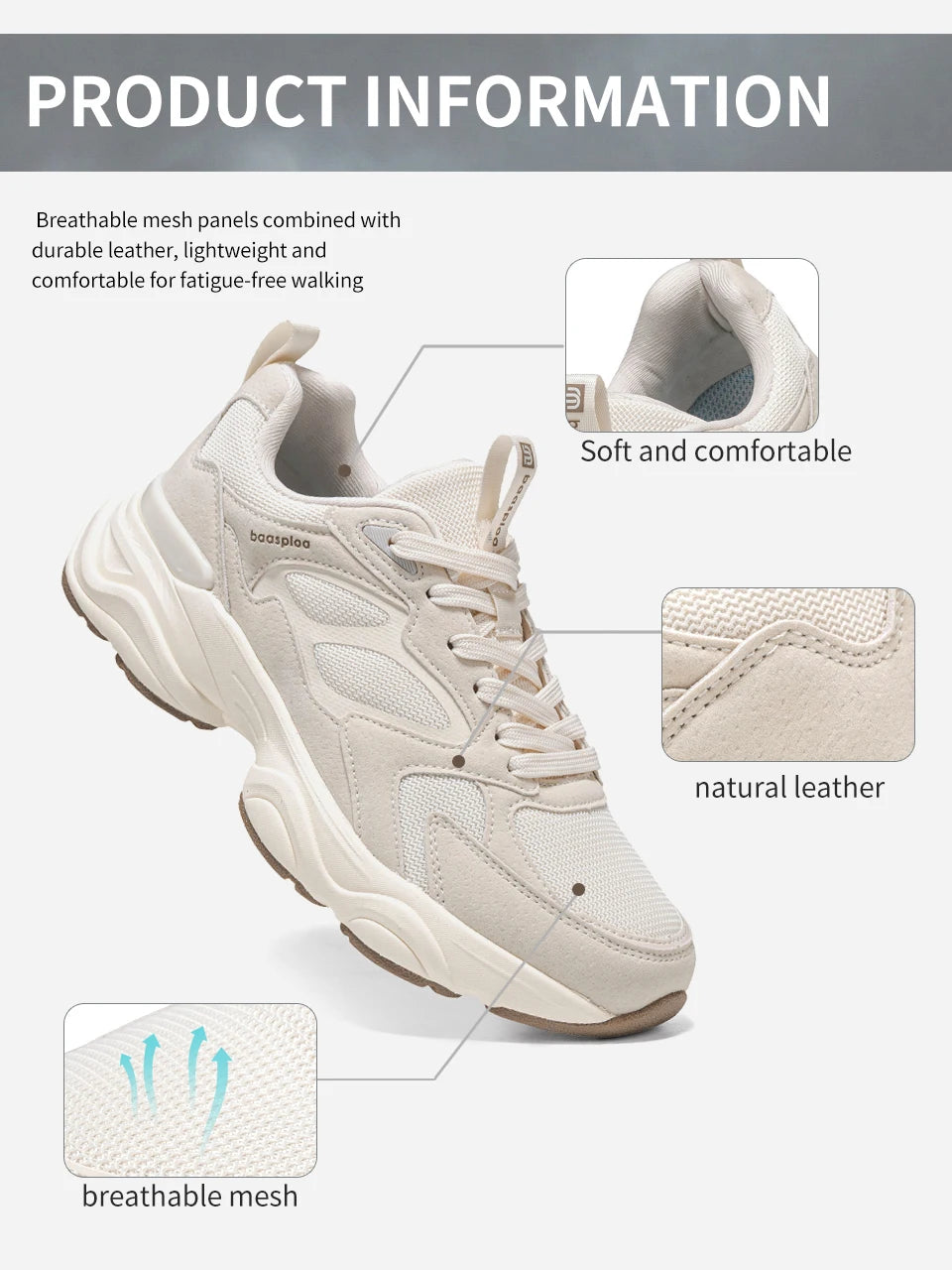 Baasploa Women Walking Shoes Lightweight Mesh Breathable Sport Shoes Comfort Soft Female Leather Height Increase Casual Sneakers