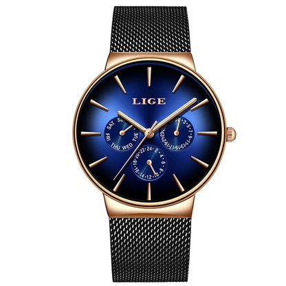 LIGE women’s watch, elegant and on-trend – sporty-casual style, mesh strap, quartz movement, date and day display, water-resistant.