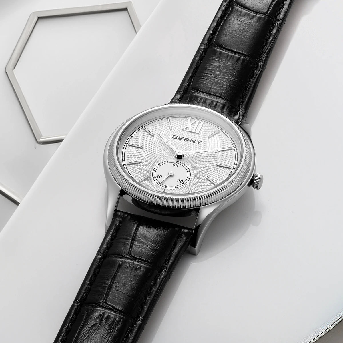 BERNY Watches for Men Luxury Slim Classic Stylish Dress Quartz Watch Stainless Steel Case Elegance Leather Band Wristwatch