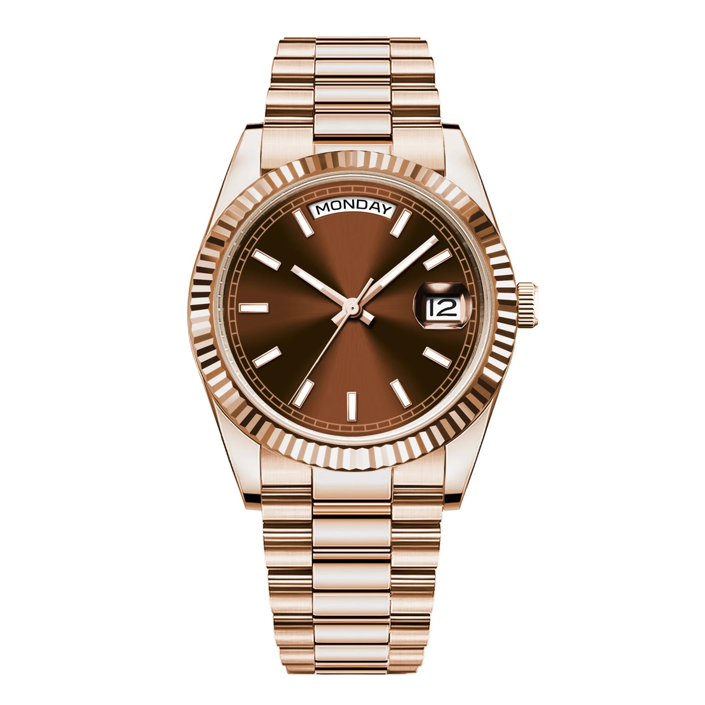 CORGEUT NH36 mechanische Herrenuhr mit Wochentags- und Datumsanzeige, President-Gliederarmband, Stahlgehäuse, geriffelter Arc-Lünette, wasserdicht