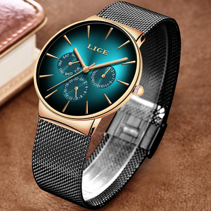 LIGE women’s watch, elegant and on-trend – sporty-casual style, mesh strap, quartz movement, date and day display, water-resistant.
