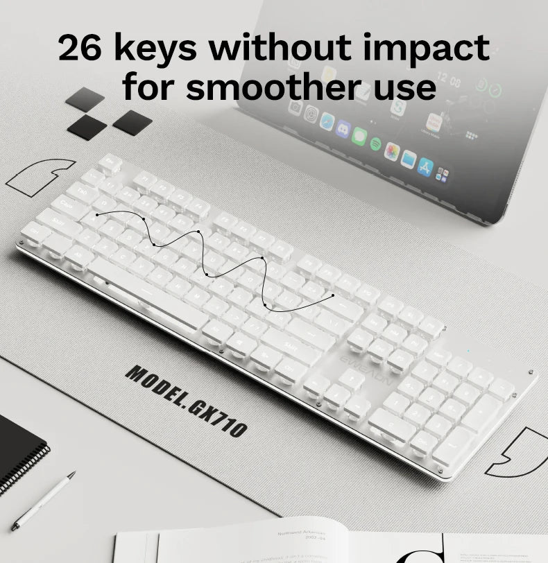 EWEADN GX710S Office Keyboard silent, All-Metal Panel 104 Keys Wired with Water Drop Keycaps, for Game and Office White & Black
