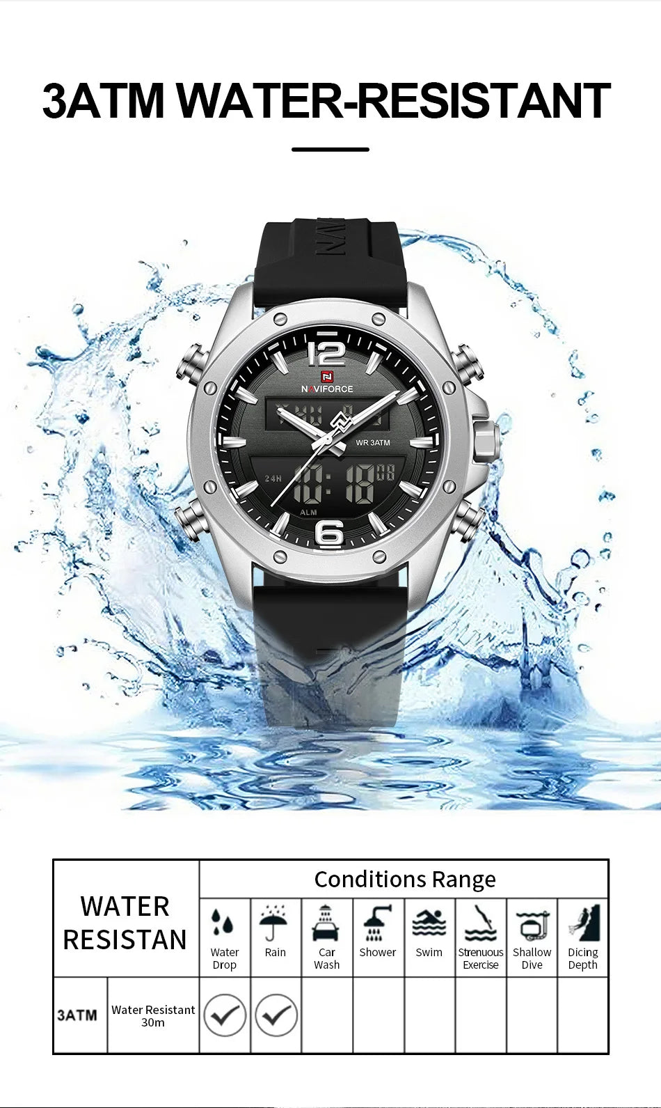 NAVIFORCE Men Quartz LCD Dual Display Watch With Silicone Strap 3ATM Waterproof Shockproof Night Light Round Case Sport Casual