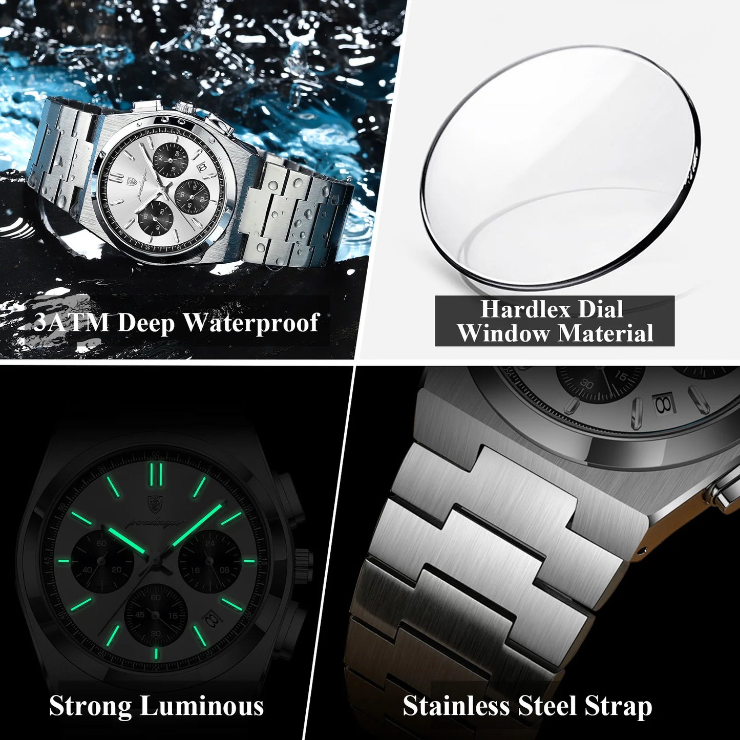 POEDAGAR Luxury Men's Watch Chronograph Date Stainless Steel Casual Man Clock Waterproof Luminous Fashion Quartz Watches For Men