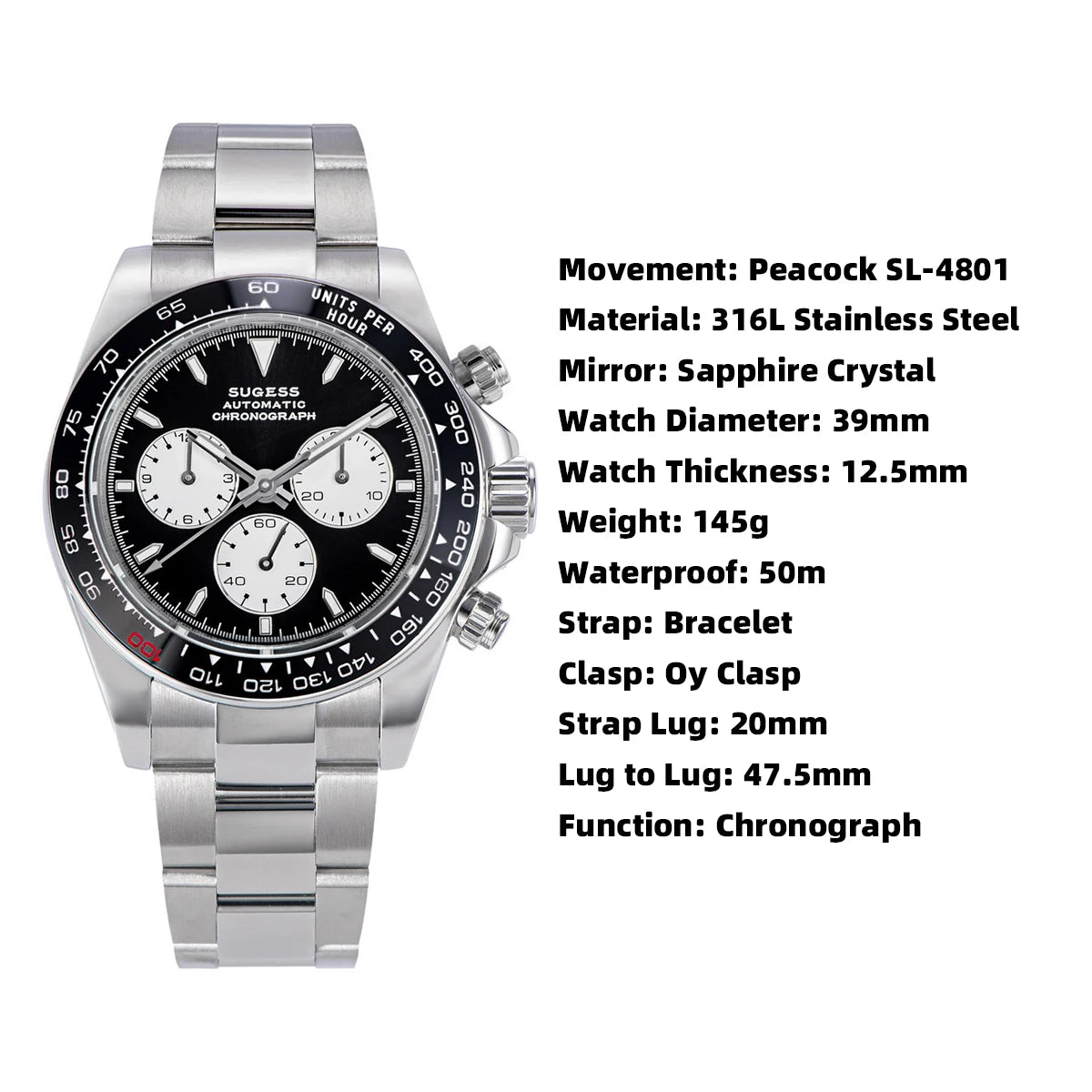 Sugess Panda Chronograph Movement Automatic Mechanical Chronograph Wristwatch Waterproof Diving Men Watches Ceramic Bezel Tona