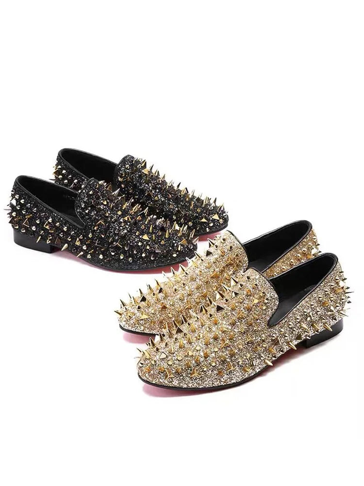 Fashion Blue Bling Spikes Loafers Shoes For Men Luxury Handmade Slip On Mens Dress Shoes Wedding Shoes