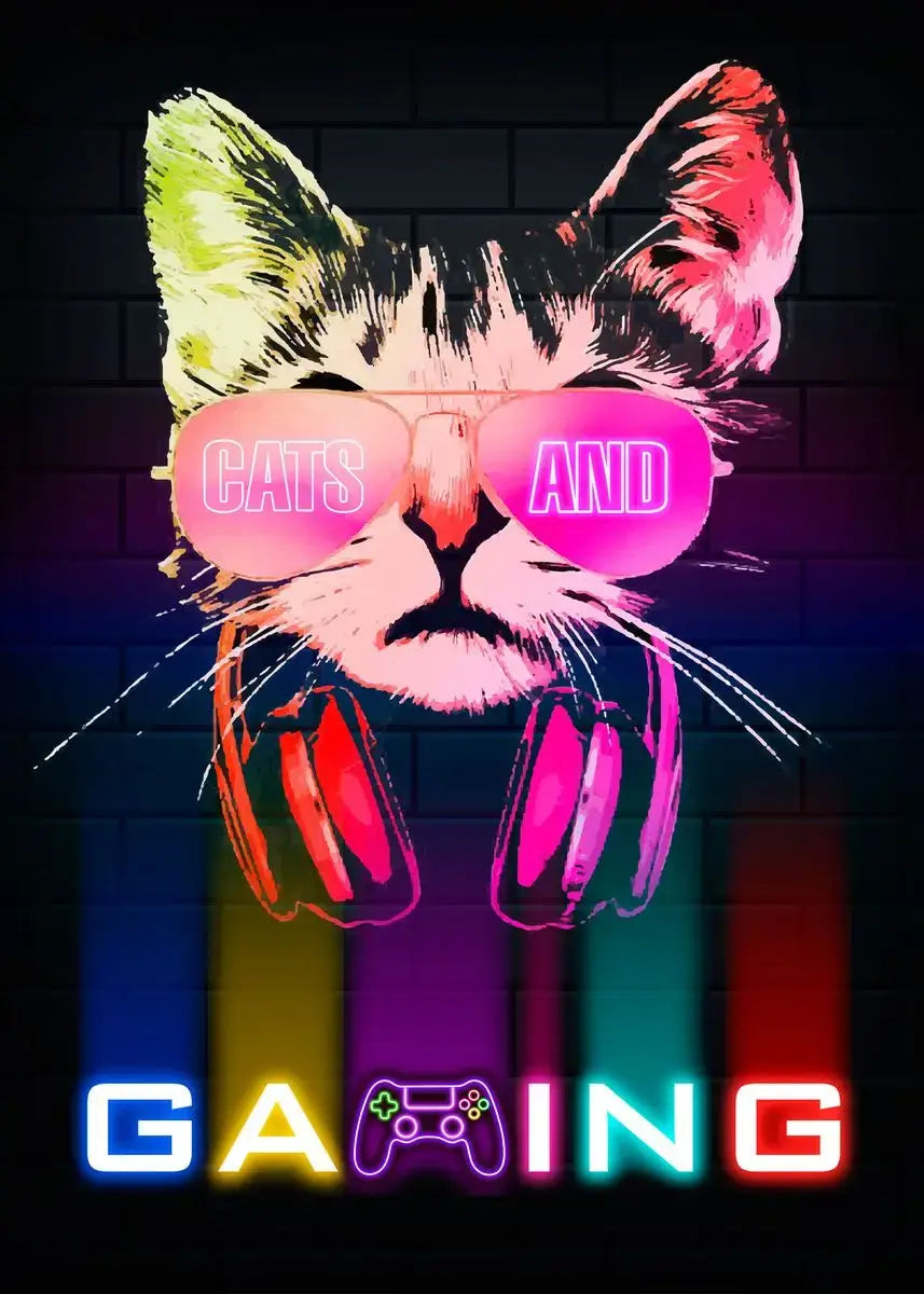 Nordic Cat and Gaming Controller Quotes Poster Modern Canvas Painting for Wall Art Mural Gamer Boys Girls Room Decor (not Neon)