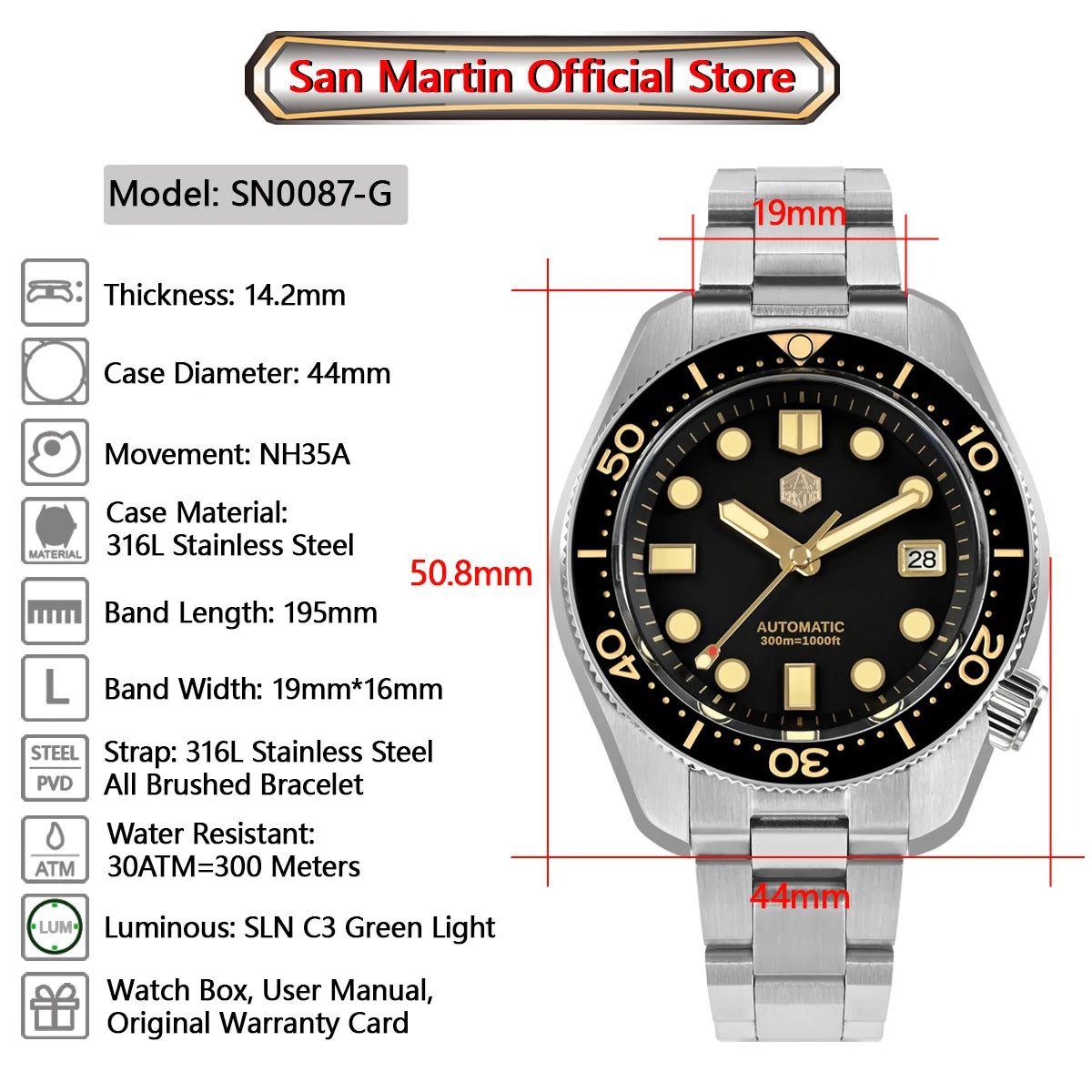 San Martin 44mm Men's Diver Watch Vintage MM300 Gilt Dial Sport NH35 Automatic Mechanical Sapphire Waterproof 300M C3 Lume SN0087