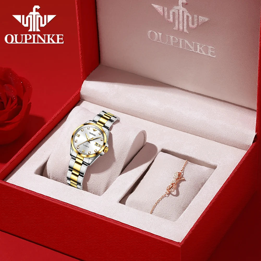 OUPINKE 3199 Real Diamond Automatic Watch for Women Sapphire Crystal Mirror 50M Waterproof Luxury Elegant Ladies Watch Set