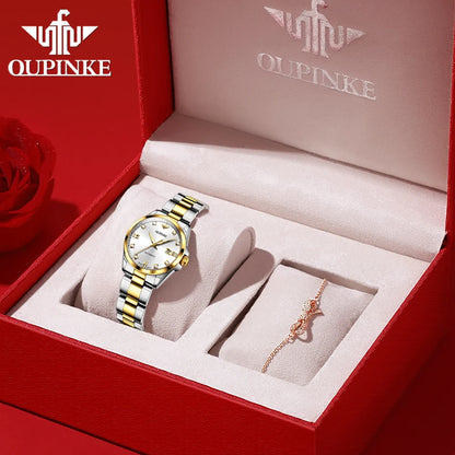 OUPINKE 3199 Real Diamond Automatic Watch for Women Sapphire Crystal Mirror 50M Waterproof Luxury Elegant Ladies Watch Set