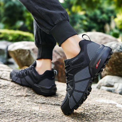 Męskie buty turystyczne – buty sportowe do terenów o zróżnicowanym ukształtowaniu terenu, z oddychającą siateczką, antypoślizgowe, odporne na zużycie – buty turystyczne i rowerowe