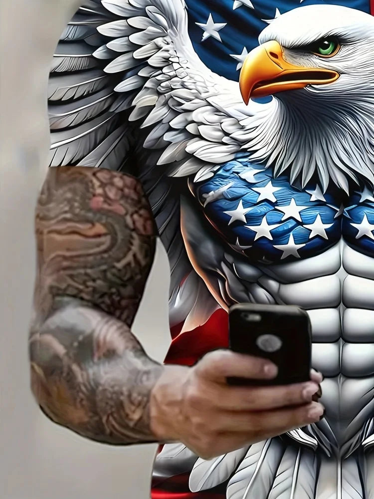 Men's Patriotic 3D Eagle Print T-Shirt Casual Crew Neck Short Sleeve Pullover for Summer Fashion Outdoor Activities Men's Clothing