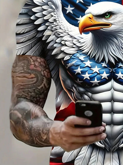 Men's Patriotic 3D Eagle Print T-Shirt Casual Crew Neck Short Sleeve Pullover for Summer Fashion Outdoor Activities Men's Clothing