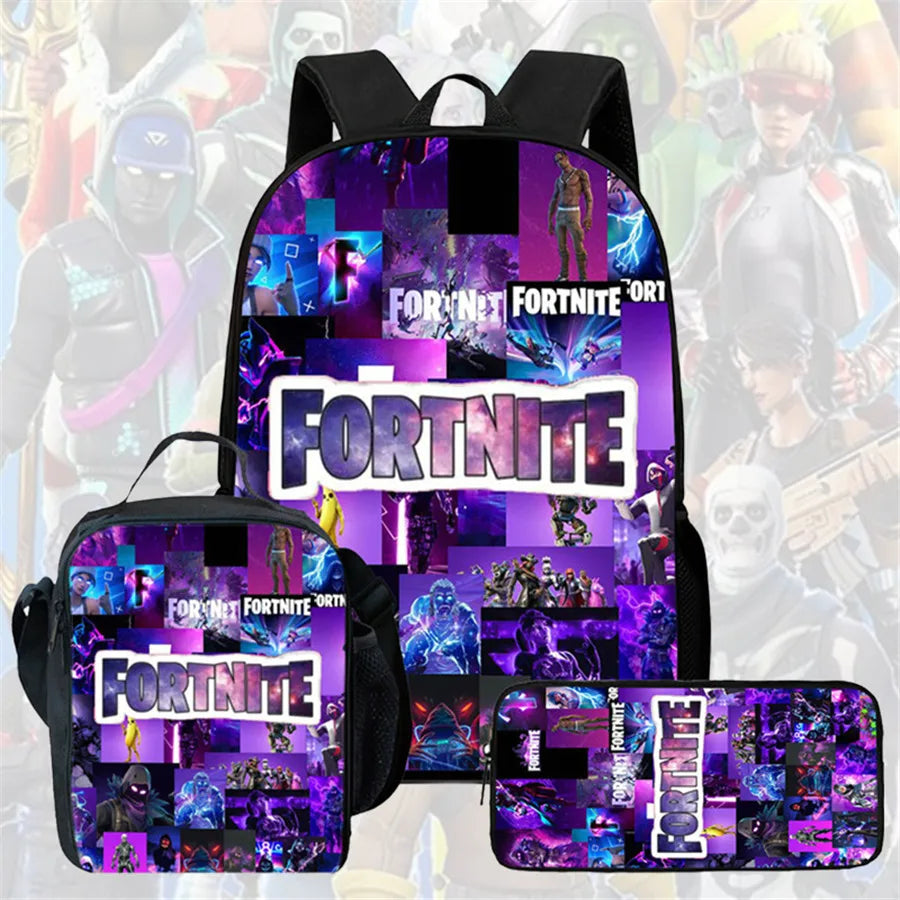 Fortnite Cartoon 3-teiliges Rucksack-Set für Jungen und Mädchen, unisex, mit Schulranzen, Lunch Bag und Federmäppchen, geeignet für Kinder von 5-8 Jahren