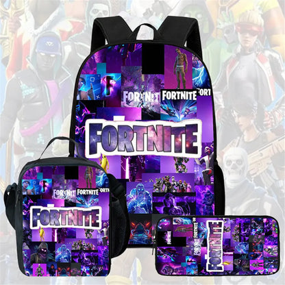 Fortnite Cartoon 3-teiliges Rucksack-Set für Jungen und Mädchen, unisex, mit Schulranzen, Lunch Bag und Federmäppchen, geeignet für Kinder von 5-8 Jahren