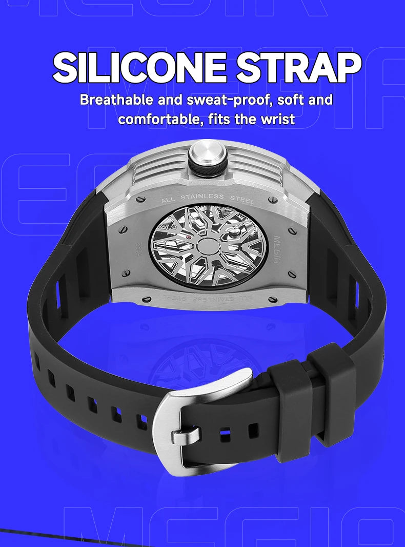MEGIR Men's Automatic Mechanical Watch with Stainless Steel Case Silicone Strap Fashion Waterproof Luminous Wristwatch 8604