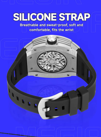 MEGIR Men's Automatic Mechanical Watch with Stainless Steel Case Silicone Strap Fashion Waterproof Luminous Wristwatch 8604
