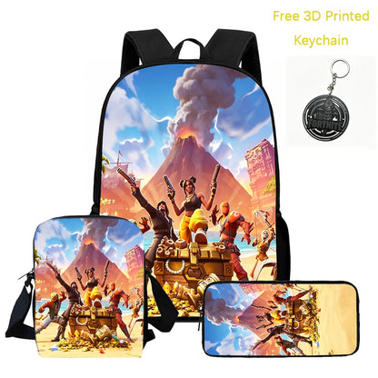 3Pcs Kids Backpack Set, Crossbody & Pencil Bag, FORTNITE Cartoon Bag, Lightweight for Boys and Girls Ages 5-10, Free 3D Printed Keychain