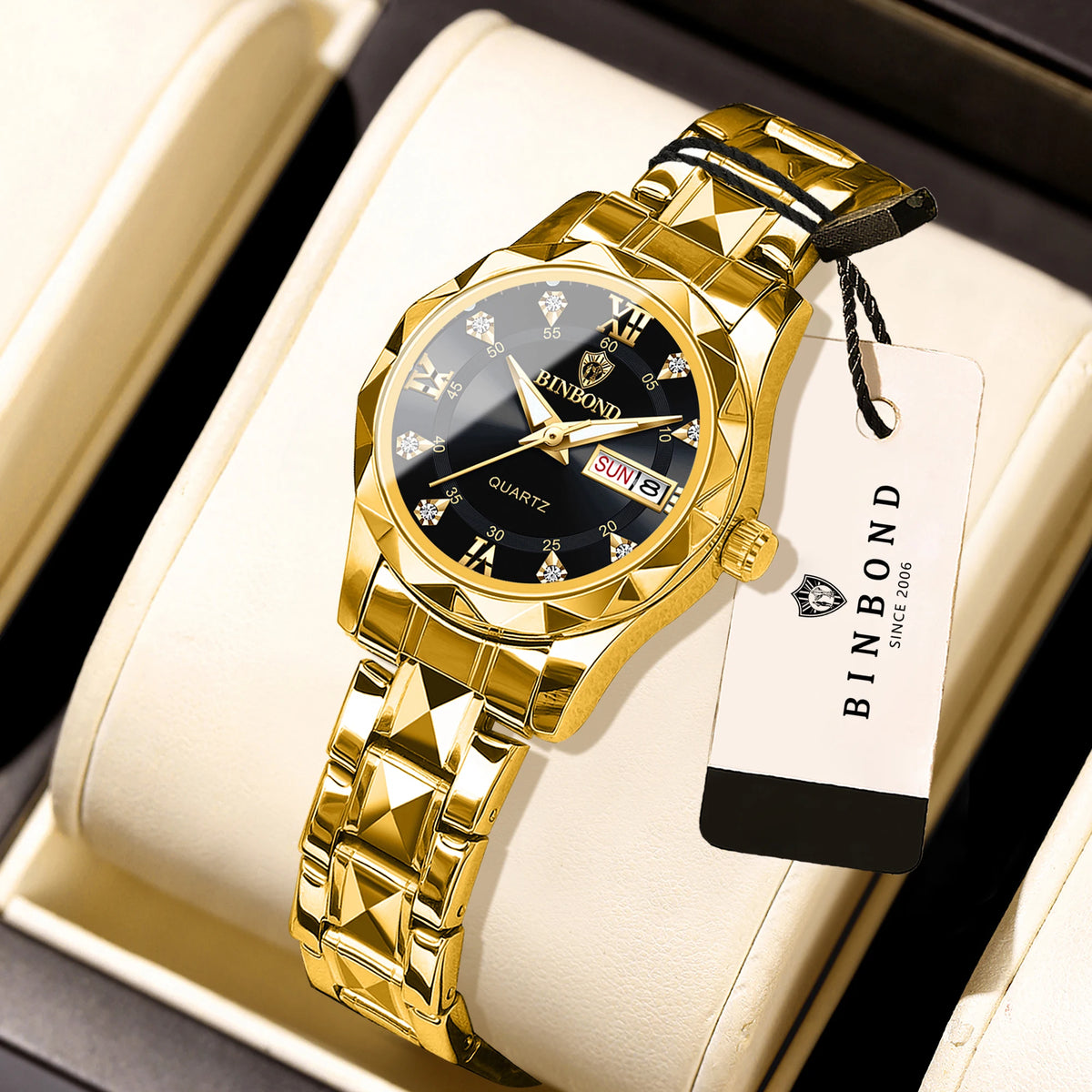 Montre pour femme BINBOND : montre à quartz robuste, luxueuse, luminescente et étanche, dotée d'un affichage précis de la date et du jour de la semaine.