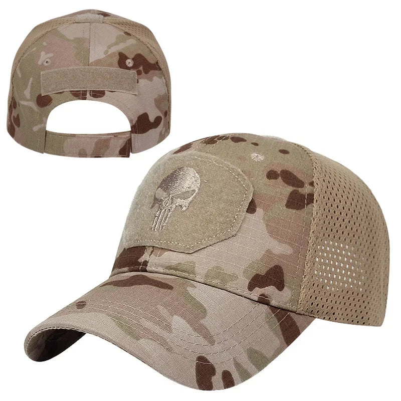Baseballkappe im Camouflage-Look, aus atmungsaktivem Netzgewebe, taktische Camo-Kappe der Special Forces, mit Totenkopf- und Enten-Schirm