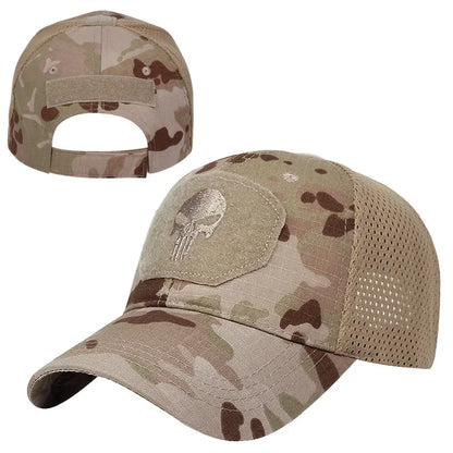 Baseballkappe im Camouflage-Look, aus atmungsaktivem Netzgewebe, taktische Camo-Kappe der Special Forces, mit Totenkopf- und Enten-Schirm