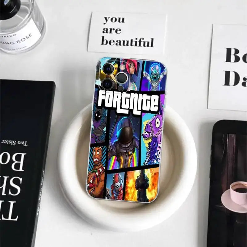 Cartoon B-Battle-R-Royale-F-FortniteS for iPhone 17 16 15 14 13 12 11 Pro Max Plus Transparent Soft TPU Phone Cover