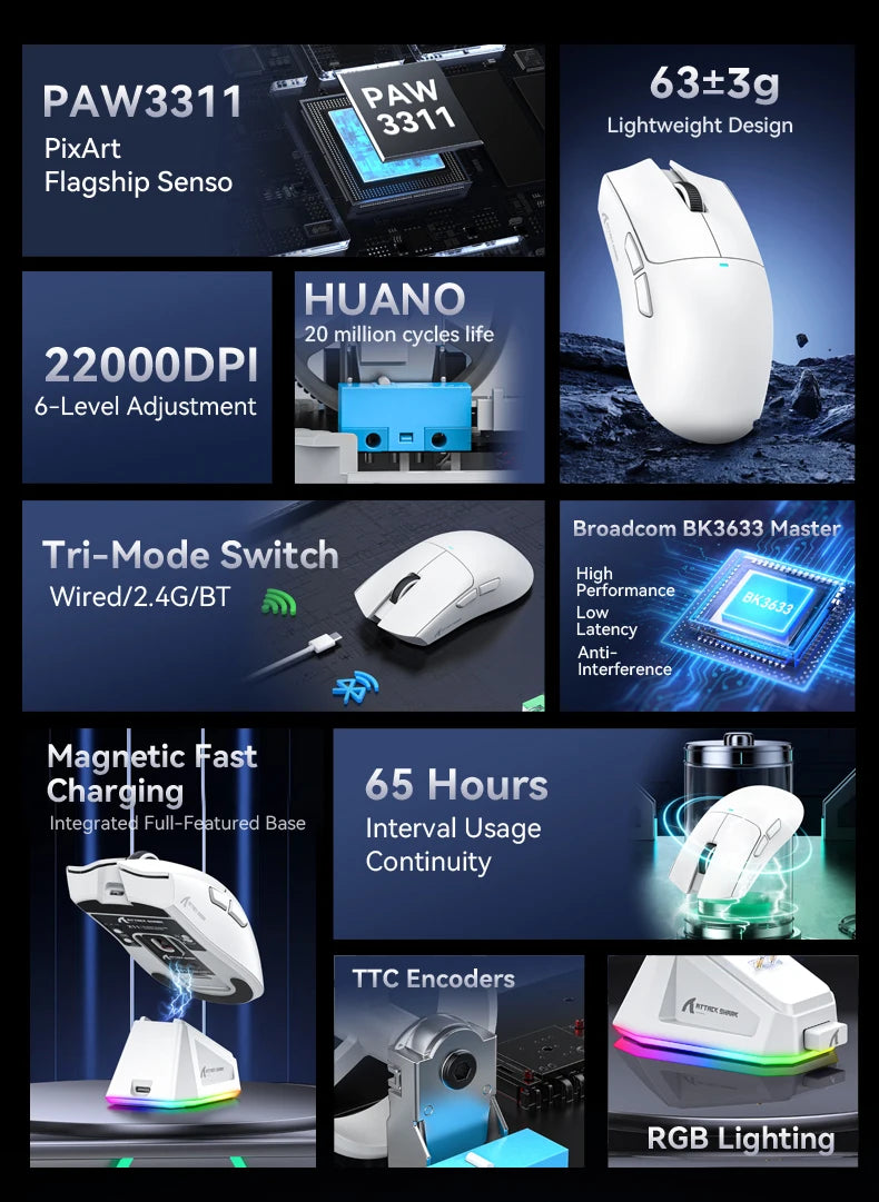 Attack Shark X11&R1 Tri Mode Bluetooth Wireless Mouse With Charger Base Rgb Ergonomics Mice Lightweight Pc Gamer Accessories
