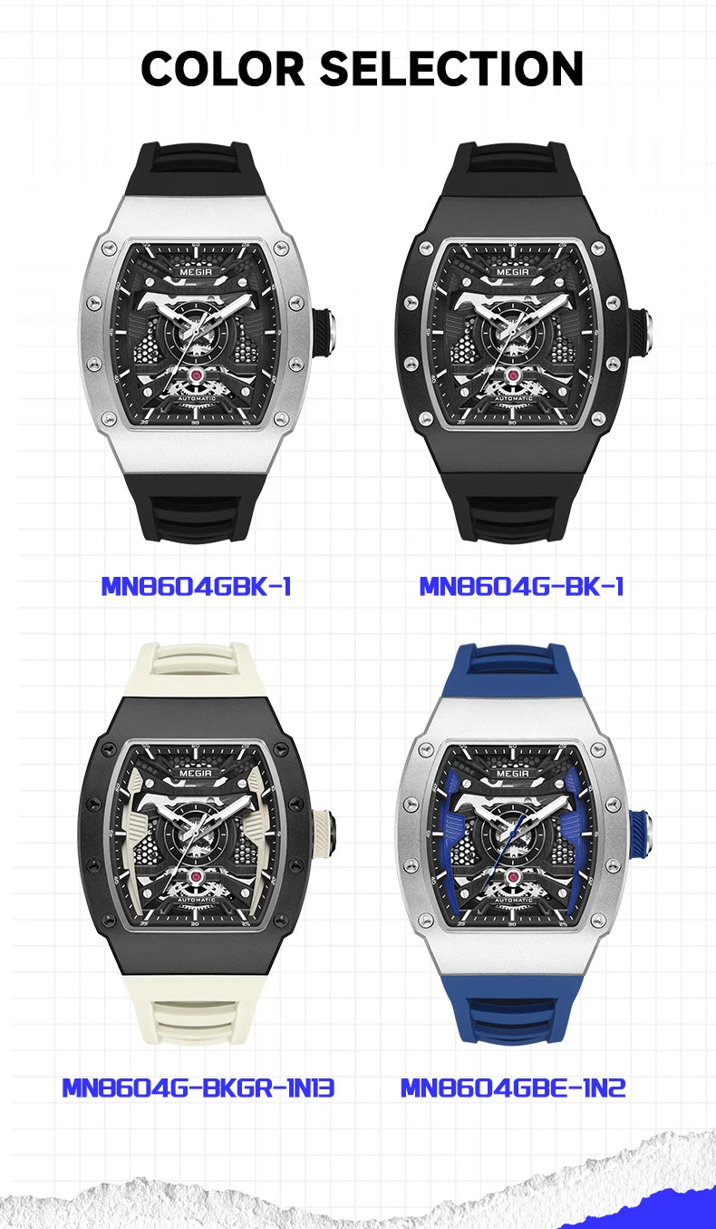 MEGIR Men's Automatic Mechanical Watch with Stainless Steel Case Silicone Strap Fashion Waterproof Luminous Wristwatch 8604