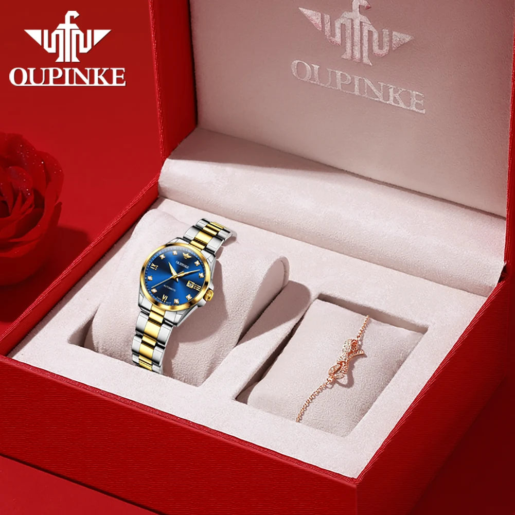 OUPINKE 3199 Real Diamond Automatic Watch for Women Sapphire Crystal Mirror 50M Waterproof Luxury Elegant Ladies Watch Set