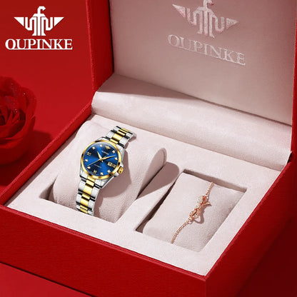 OUPINKE 3199 Real Diamond Automatic Watch for Women Sapphire Crystal Mirror 50M Waterproof Luxury Elegant Ladies Watch Set