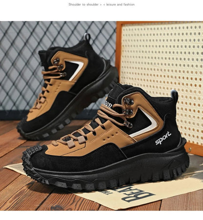 Black and Tan Mid-Top Hiking Boots Suede and Leather Platform Sneakers Non-Slip Outdoor Casual Shoes with Rugged Sole for All