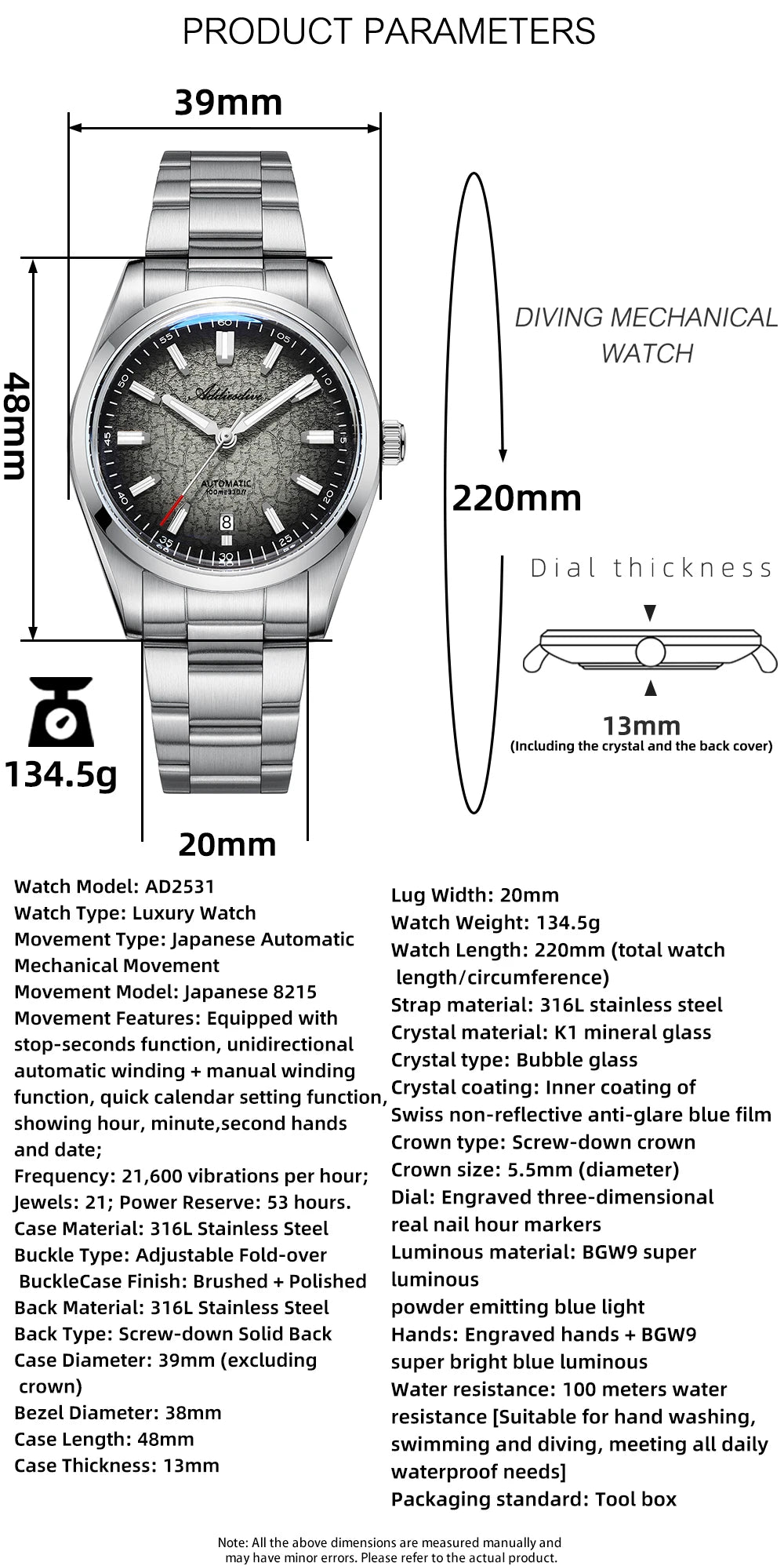 ADDIESDIVE New 2026 Luxury Men's Mechanic Quartz Analog Watch Super Luminous Steel Watch 10Bar Bubble Glass Personalized Watches
