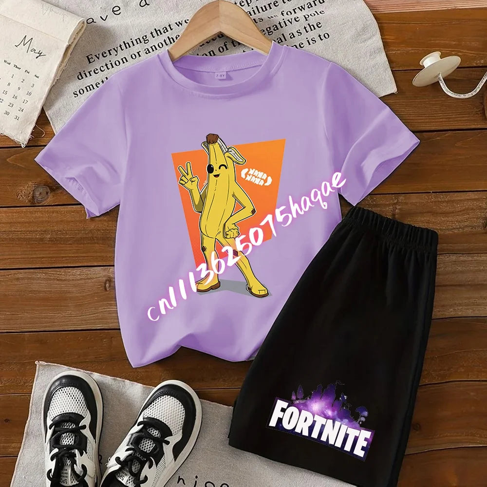 Fortnite Series T-shirt Shorts Suit for Children Hot Game Top and Pants Set Summer Cute Home Loungewear Outfit Birthday Gift