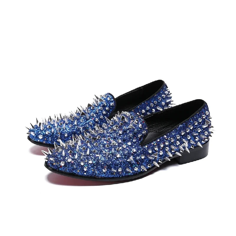Fashion Blue Bling Spikes Loafers Shoes For Men Luxury Handmade Slip On Mens Dress Shoes Wedding Shoes