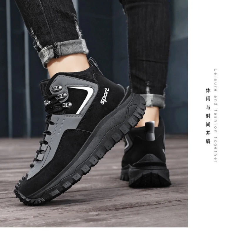 Black and Tan Mid-Top Hiking Boots Suede and Leather Platform Sneakers Non-Slip Outdoor Casual Shoes with Rugged Sole for All
