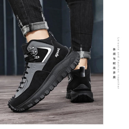 Black and Tan Mid-Top Hiking Boots Suede and Leather Platform Sneakers Non-Slip Outdoor Casual Shoes with Rugged Sole for All