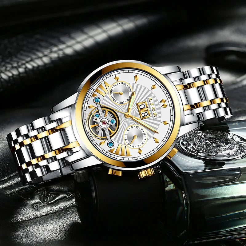 Orologi da polso meccanici automatici da uomo LIGE – Orologio di lusso di alta gamma con tourbillon, modello elegante e impermeabile, ideale per il lavoro o le occasioni formali.