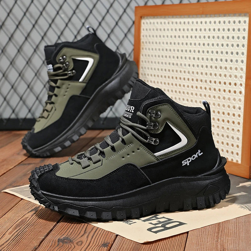 Black and Tan Mid-Top Hiking Boots Suede and Leather Platform Sneakers Non-Slip Outdoor Casual Shoes with Rugged Sole for All